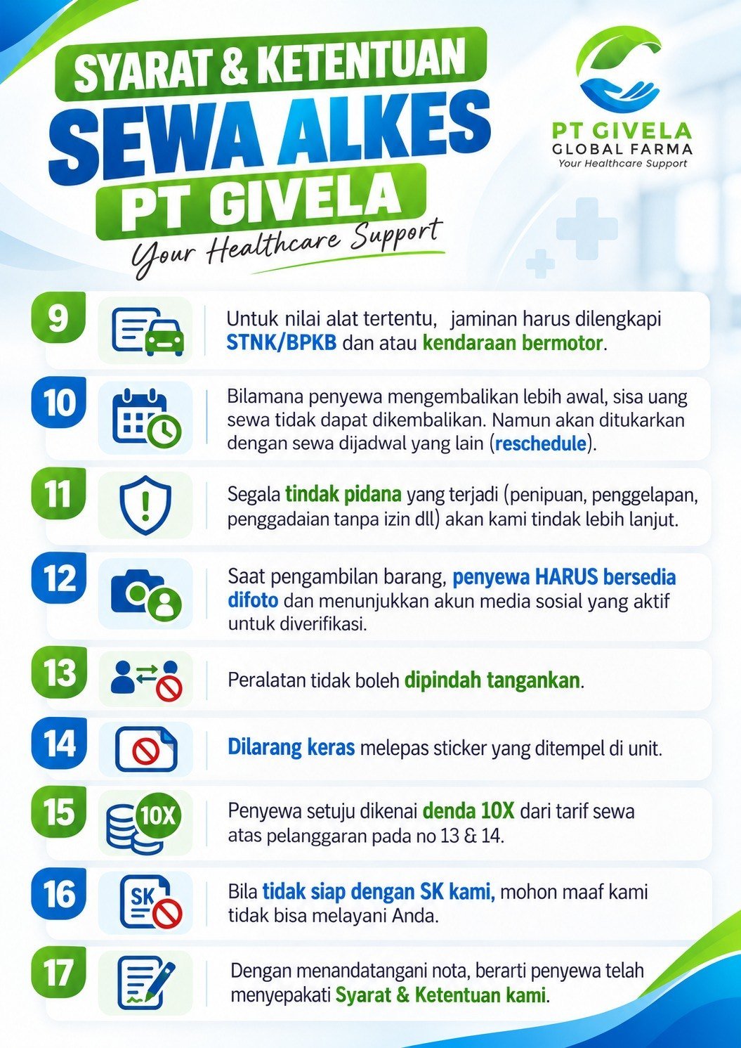 Syarat dan ketentuan sewa alkes PT Givela, nomor 9 sampai 17